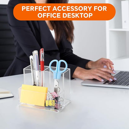 2 Pcs Acrylic Pen Holder for Desk, Pencil Holder for Home,Office | Plastic Marker Holder with 3 Compartments, Pencil Organizer for Classroom, Makeup Brush Holder for Bathroom, Remote Holder