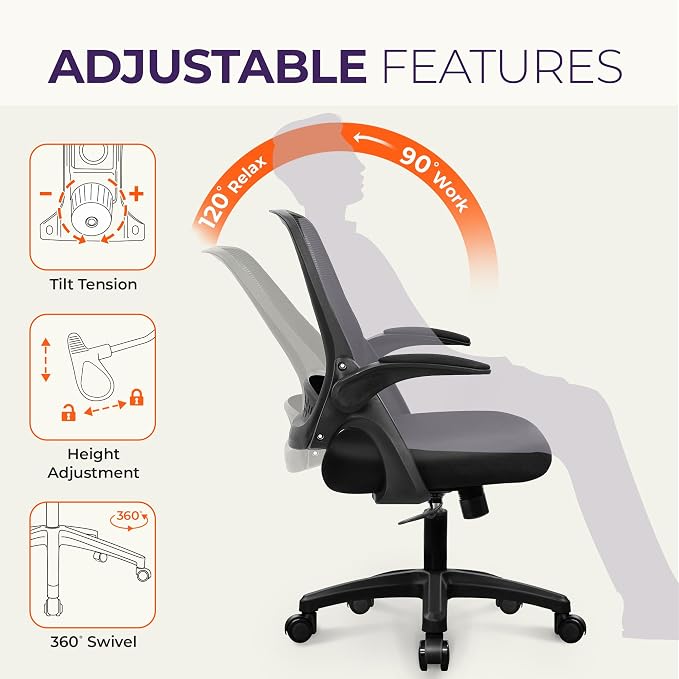 NEO CHAIR Office Desk Chair Computer Gaming Ergonomic Lumbar Back Support with Flip-up Padded Armrest Adjustable Height and Wheels for Home Vanity Bedroom Study (All Black) | Lumbar Support, Height Adjustment, 360° Swivel and Rolling Base, Space-Saving...