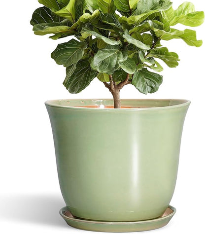 Ceramic Planter - 12 Inch Plant Pot for Indoor Outdoor, Round Planter with Drainage Hole and Saucer, Large Plant Pot, Modern Flower Pots, Home Garden Apartment Decor, Gardening Gifts, Green