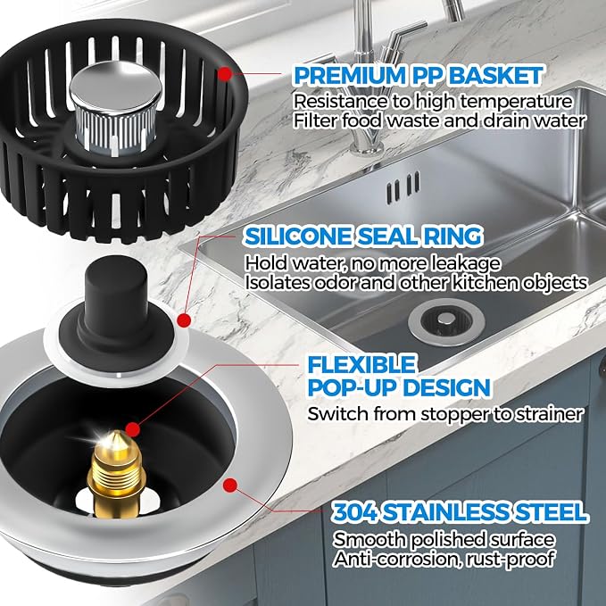 zaa 3 in 1 Kitchen Sink Drain Strainer Stopper Removable Basket Pop-Up | Kitchen Sink Accessories 2 Pack Black Stainless - Food Catcher, Odor-Blocking Seal, Fits 3.5" Drain, Easy Clean