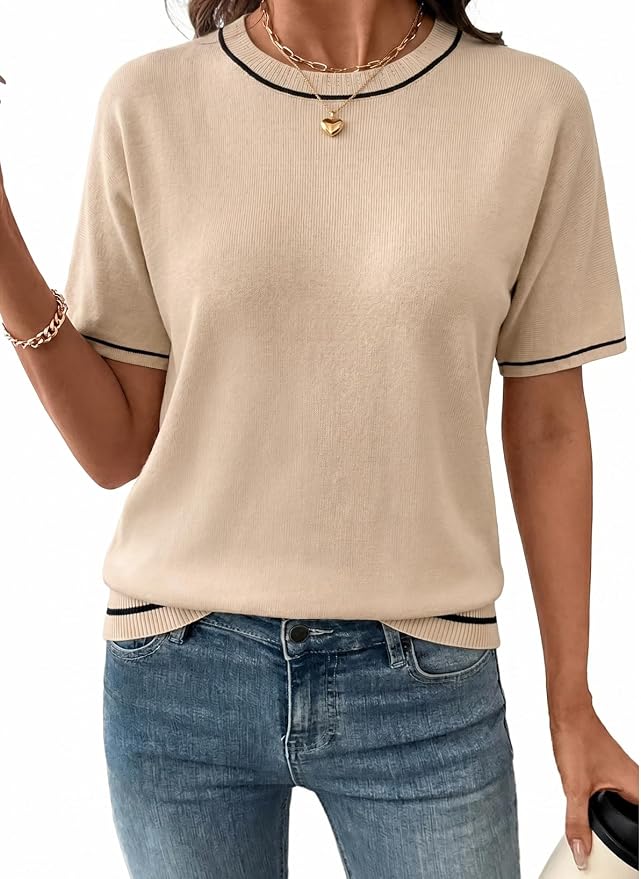 SHEWIN Womens Tops Trendy Short Sleeve Shirts Crewneck Lightweight Knit Sweater Top Business Casual Outfits