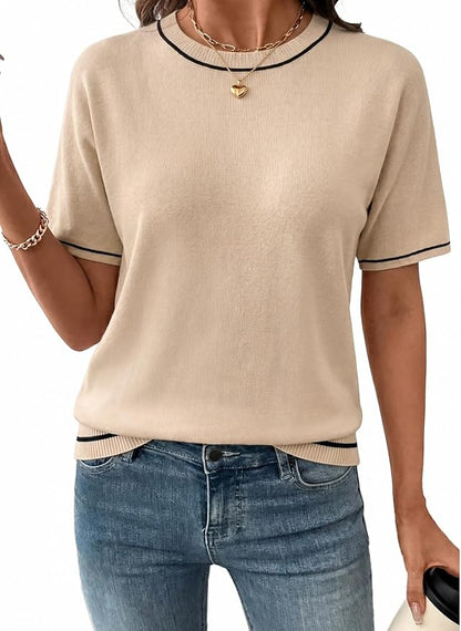 SHEWIN Womens Tops Trendy Short Sleeve Shirts Crewneck Lightweight Knit Sweater Top Business Casual Outfits