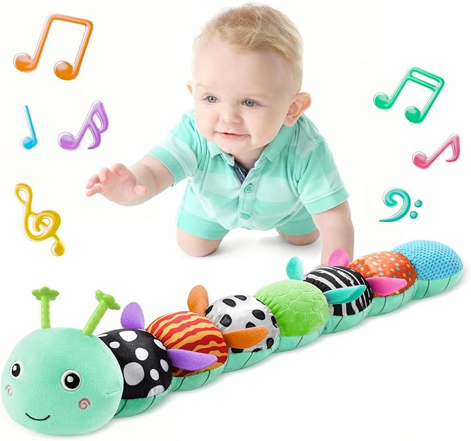 LIGHTDESIRE Baby Toys 6-12 Months Musical Caterpillar,Stuffed Animals Infant Toys 0-6 Months Sensory Toy with Ruler Design,Crinkle&Ring Bell,Baby Teething Toys for Tummy Time Boy Girl Gifts (Blue)