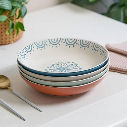 Sango 4-Piece Speckled Stoneware Pasta Bowl Set- Wide Shallow Dinner Bowls with Hand-Painted Rustic Design, Farmhouse Glossy Large Ceramic Bowls for Pasta, Salad & Everyday Meal, Siterra Glazed Garden