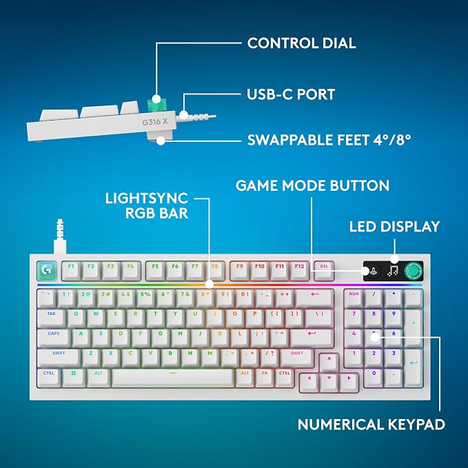 Logitech G316 X 98 MechanicalGaming Keyboard (Tactile) - White | Hot-Swappable Tactile Mechanical Switches, Gasket Design, PBT Keycaps, <8Khz, LIGHTSYNC RGB, Dot-Matxix LED Display, USB-C