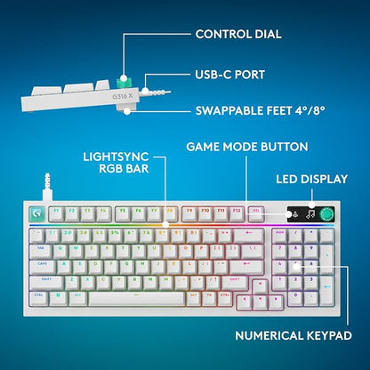 Logitech G316 X 98 MechanicalGaming Keyboard (Tactile) - White | Hot-Swappable Tactile Mechanical Switches, Gasket Design, PBT Keycaps, <8Khz, LIGHTSYNC RGB, Dot-Matxix LED Display, USB-C