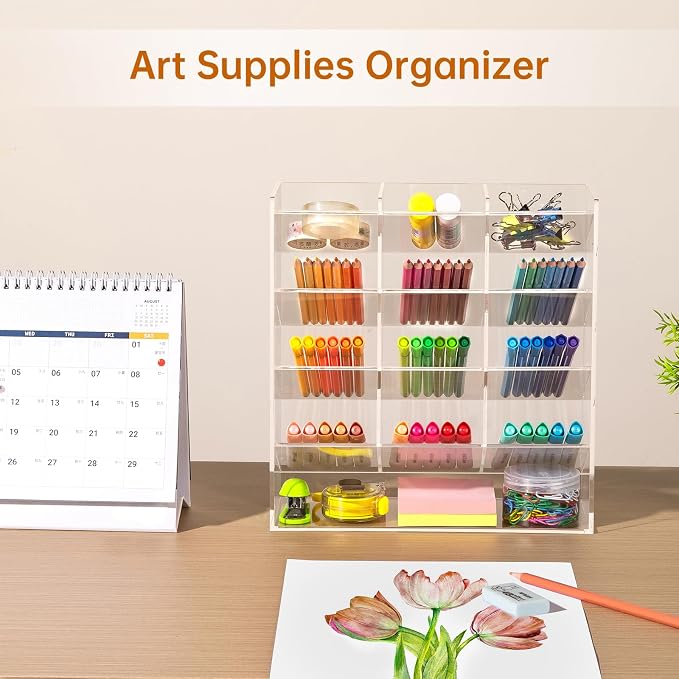 BEYGORM Acrylic Vertical Marker Organizer for 150 Markers, Desk Orgaizer | 13 Compartments Clear Angled Pen & Pencil Holder, Large Stationery & Art Supply Storage for School (10.2 x 9.8 x 4 Inch)