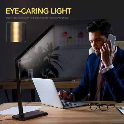 Led Desk Lamp, Desk Lamp with USB Charging Port, 5 Color Modes, 10 Brightness, Natural Light, Eye Caring Reading Lamp, Desk Light for Home Office, Table Lamp, Touch Control, Auto-Timer, Black