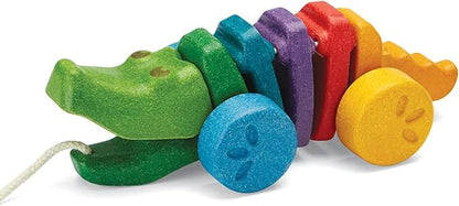 PlanToys® Rainbow Dancing Alligator Pull Toy for Toddlers | Eco-Friendly Wooden Toy with Click-Clack Sound | Walking Toy for Babies