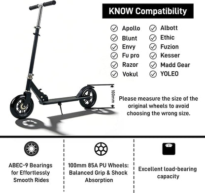 Pro Kick Scooter Replacement Wheels 100mm Pair - High-Speed Smooth Bearings Installed, Heavy Duty PU Wheels for Universal Scooter Repair (Black)