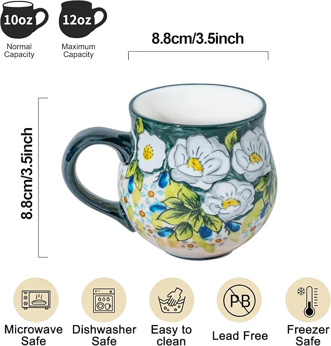 ALMA 12oz Handmade Floral Ceramic Coffee Mug | Microwave & Dishwasher Safe, Ideal for Morning Coffee Tea, Home Kitchen Dining Room Display, For Home Makers & Women