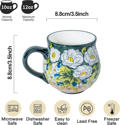 ALMA 12oz Handmade Floral Ceramic Coffee Mug | Microwave & Dishwasher Safe, Ideal for Morning Coffee Tea, Home Kitchen Dining Room Display, For Home Makers & Women