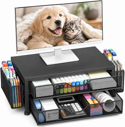 OPNICE Desk Organizer and Accessories, 2-Tier Computer Monitor Stand Riser with Drawer and 2 Pen Holders, Laptop Stand, Office Desk Accessories for Office Supplies, Black-2D