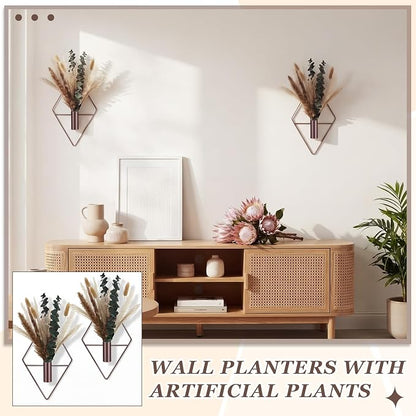 Jexine 8 Pcs Hanging Planters with Artificial Pampas Metal Hanging Vase Indoor Plants Holder Modern Geometric Boho Bathroom Wall Decor for Living Room Home Office(Bronze)