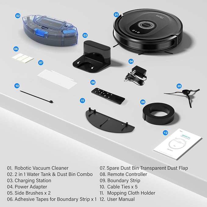 Tikom Robot Vacuum and Mop Combo, 5000Pa Robotic Vacuum Cleaner, 150 Min Max, App & Remote Control, Ideal for Hard Floor, Carpet, Pet Hair, Self-Charge(G8000 Max)