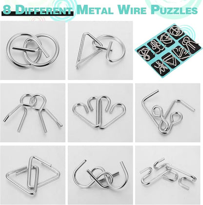 Metal Wire Puzzle Set of 8 with Pouch, Brain Teaser Puzzles IQ Test Ring Disentanglement Unlock Interlock Game Trick Metal for Party Favor Challenge(B Style)