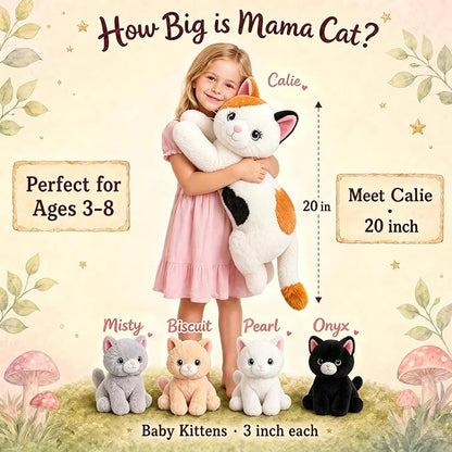 gnomantic Cat Stuffed Animals with Babies Inside, Mommy Toy for Kids | 5-Piece set: 1 mommy cat + 4 baby kittens inside. Unzip belly to reveal surprise babies. Ultra-soft, ages 3-8.