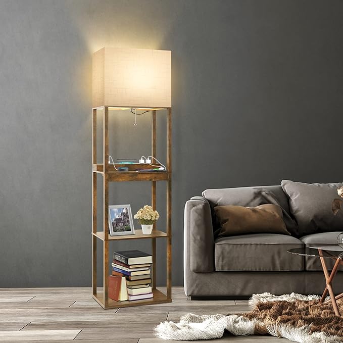 RUNTOP Floor Lamp with Shelves, Plus Shelf Lamp with Wireless Charger, 2 USB Port and Outlet, 1 Drawer, 15W LED Bulb, 3 Colors, Memory Function, Floor Lamps for Living Room, Standing Lamp for Bedroom