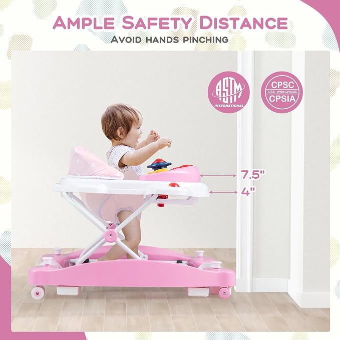 BABY JOY 6-in-1 Baby Walker, Foldable Baby Walker with Wheels, Adjustable Height, Music, Lights, Bouncer & Rocker Mode, Baby Walkers for Boys Girls 6-14 Months (Pink)