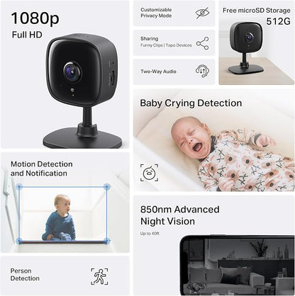 Tapo 1080P Indoor Wired Security Camera - Works as a Baby Monitor & Pet Camera, Motion Detection, 2-Way Audio, Siren, Night Vision, Subscription-Free Local Storage or Optional Cloud, C101