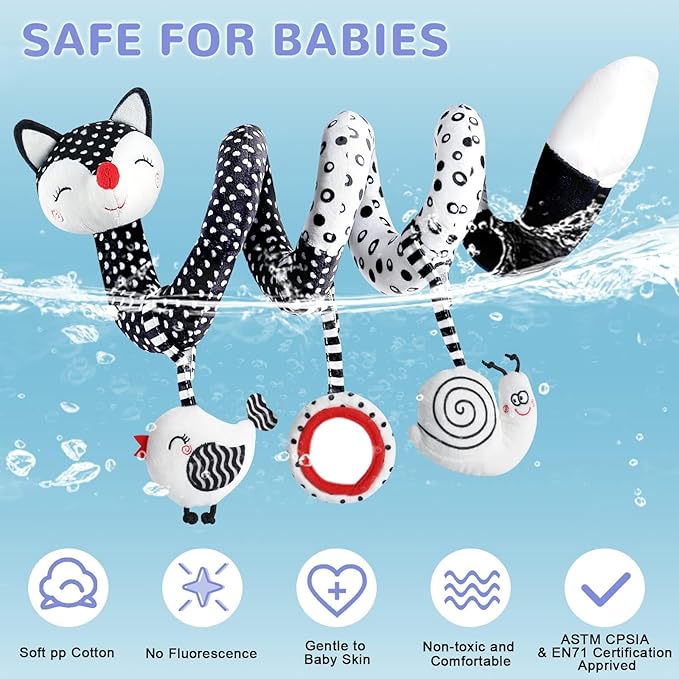XIXILAND Baby Spiral Plush Toys, Black and White Baby Car Seat Toys, High Contrast Infant Newborn Toy 0-6 Months for Stroller Crib Mobile, Sensory Toy Best Gift for 0 3 6 9 12 Months Boys Girls