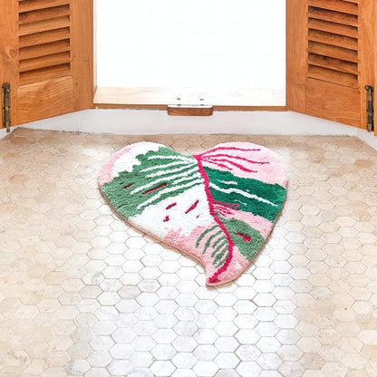 Pink Princess Non Slip Bath Mat or Kitchen Tufted Rug, Plant Leaf Shaped Kids Pets Floor Mat Carpet, Green, 32" x 24"