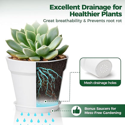 T4U 5 Inch Plant Pot 8-Pack, Plastic Pots with Drainage Hole and Saucer, Decorative Flower Pots Bulk for African Violet, Snake Plant, Succulent and All House Plants Indoor (8pcs 5" Pots, White)