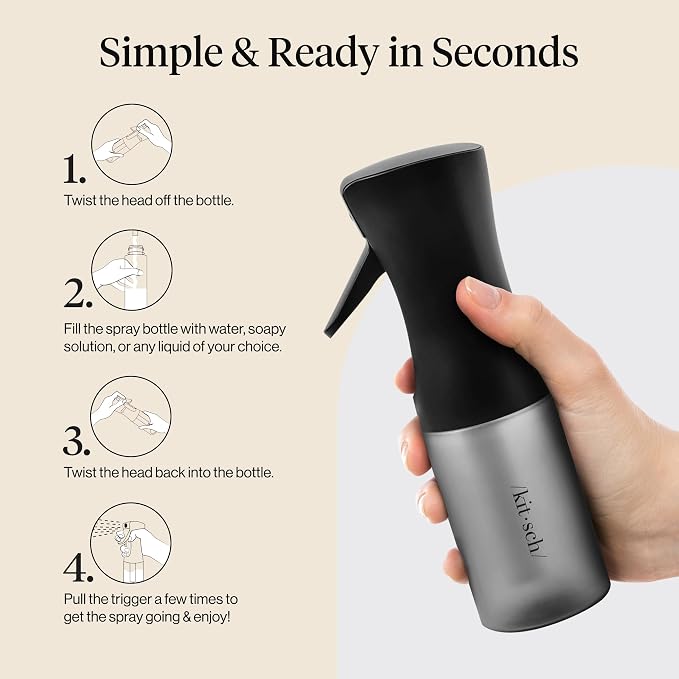 Kitsch Continuous Spray Bottle for Hair – Black, 150ml | Fine Mister Spray Bottle & Water Spray Bottle – Recycled Hair Spray Bottle – Spray Bottles for Cleaning, Styling, & More