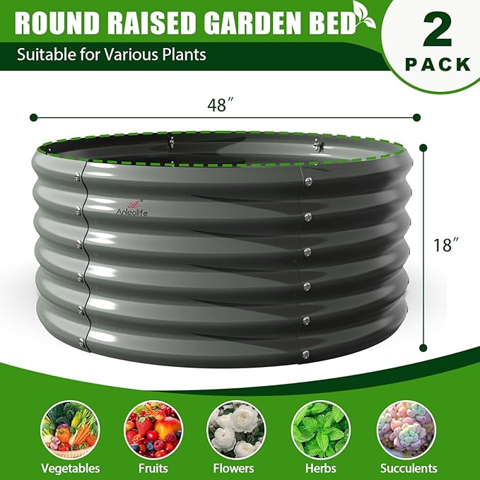 A ANLEOLIFE 2-Pack 4ft x 18” Tall Galvanized Raised Garden Beds Outdoor, Round Metal Planter Box for Planting Vegetables Flowers Herb, Anti-Rust & Easy-Setup, Quartz Grey