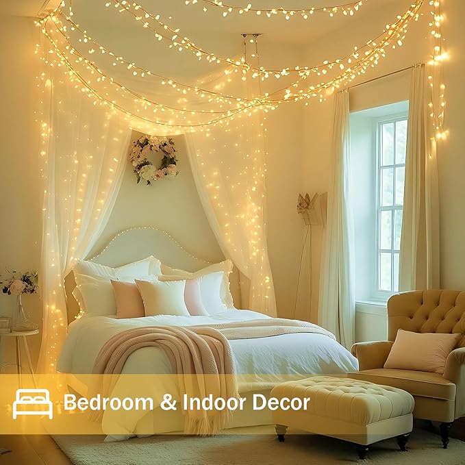Christmas Lights Indoor Outdoor, Clear Wire 66Ft 200 LED String Lights for Bedroom, 13 Modes Twinkle Fairy String Lights for Xmas Tree Wedding Party Bedroom Garden Decorations (Warm White)