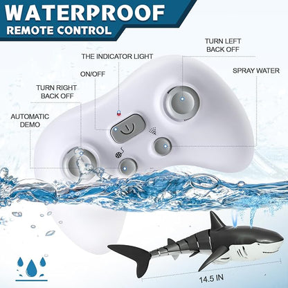 2.4Ghz RC Pool Toys Remote Control Shark for Boys Kids, Highly Realistic Shark Pool Toys for Kids, RC Boat Outdoor Water Toy with Light and Spray Water for Boys Girls Ages 6+ (with 2 Batteries)