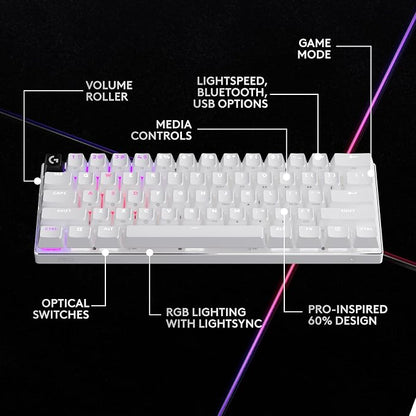Logitech G PRO X 60% Wireless Gaming Keyboard (Tactile Optical) - White | Ultra compact TKL, for Windows PC, LIGHTSYNC RGB, dual-shot PBT keycaps, GX optical switches