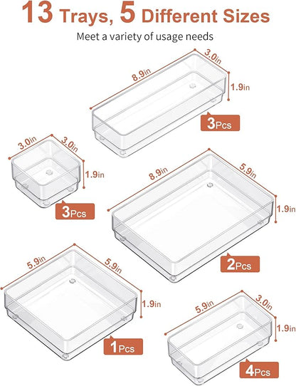 SMARTAKE 13 PCS Drawer Organizer 5-Size Desk Makeup Drawer Organizer Clear | Storage Trays for Makeup with Non Slip Silicone Pads, Jewelries, Utensils in Bedroom Dresser, Office, Kitchen and Bathroom