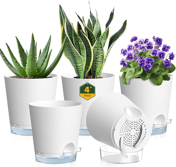 4 inch Self Watering Pots for Indoor Plants, 5 Pack Small Flower Plant Pots with Drainage Holes and Clear Reservoirs, Visible Water Level, Plastic Planters with Wicking Rope, White