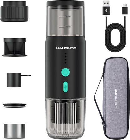 HAUSHOF Portable Electric Espresso Machine, 20 Bar Fast Heat-Up Travel Coffee Maker, USB-C Rechargeable Compatible with Ground Coffee & NS Capsules, for Car, Camping, RV, Hiking & Office