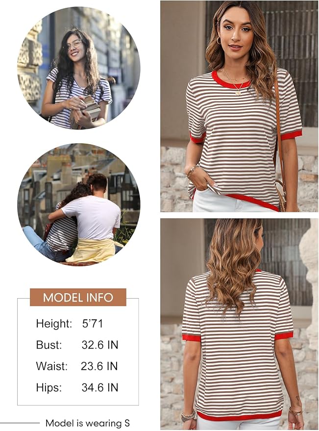 Dokotoo Womens Tops 2026 Casual Summer Crewneck Short Sleeve Striped Color Block Knit High Low Trendy Pullover Sweaters