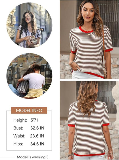 Dokotoo Womens Tops 2026 Casual Summer Crewneck Short Sleeve Striped Color Block Knit High Low Trendy Pullover Sweaters