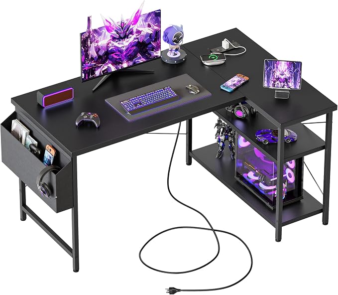 Mericonia 47 inch Corner Desk with Shelves, Small L Shaped Gaming Desk | Reversible Computer Desk with Power Outlets & Storage Bag, Office Table for Home Bedroom Study Work Writing