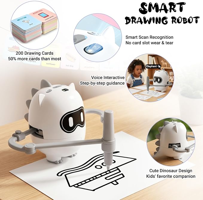 Joso Drawing Robot Toys for 3-8 Year Old Kids with 200 Cards & 22 Pens | Montessori Painting Learning Toys with Smart Card Scanning Recognition & Voice Interactive for Boys Girls Birthday Party