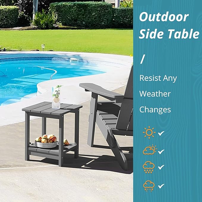 LUE BONA Adirondack Outdoor Side Table, 2-Tier Dark Grey HDPS Patio End Table Weather Resistant, Morden Side Table for Patio, Pool, Porch