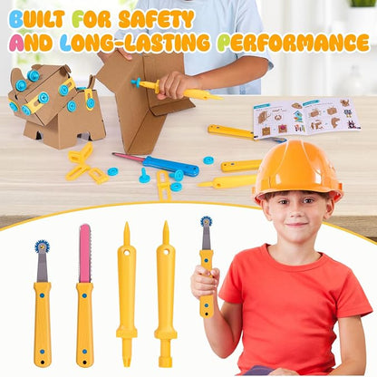 Zentara Kids Cardboard Tool Set, 232-Piece STEM Building Kit with Safe Wooden Cutter, Reusable Bolts & Nuts, Hinges, and Eco Gift Box