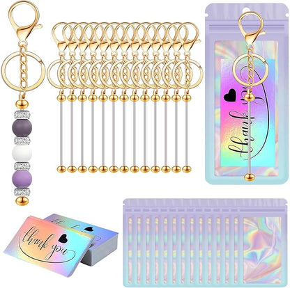 42/84/126 Pcs Beadable Keychain Bars Bulk Blank DIY Beaded Keychain Making Supplies with Bag Thank You Card