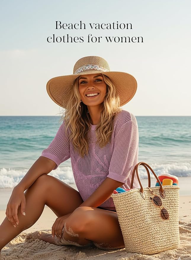 Dokotoo Womens Summer Short Sleeve Crochet Tops Hollow Out Floral Sweaters Beach Vacation Cruise Outfits