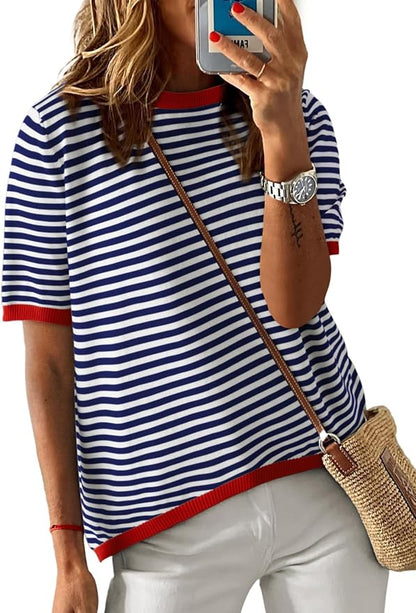 Dokotoo Womens Tops 2026 Casual Summer Crewneck Short Sleeve Striped Color Block Knit High Low Trendy Pullover Sweaters