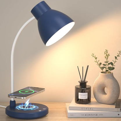 LED Desk Lamp for Home Office with Wireless Charger, Navy Blue | 3 Color Modes Dimmable Eye-Caring Study Reading Dorm Desk Lamp, 360° Flexible Arm Table Lamp for College Dorm Room, 800 Lumen