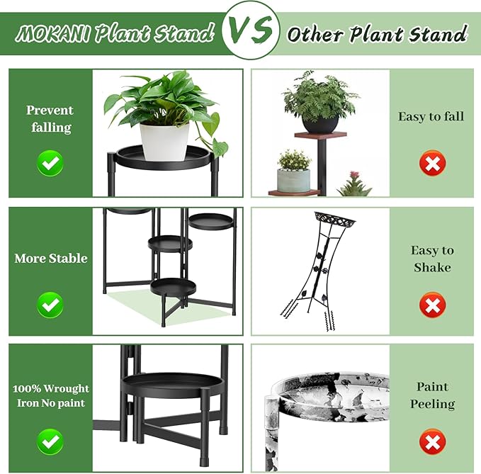 MOKANI Metal Plant Stand Indoor Outdoor for Multiple Plants, 6 Tiered Folding Corner Shelf Tall Flower Pot Holder Display Rack for Patio Living Room Balcony Garden, Black