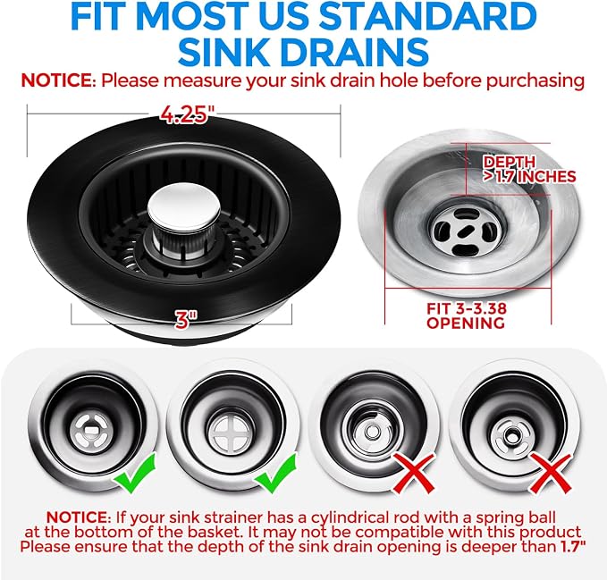 zaa 3 in 1 Kitchen Sink Drain Strainer Stopper Removable Basket Pop-Up | Kitchen Sink Accessories 1 Pack All Black Stainless - Food Catcher, Odor-Blocking Seal, Fits 3.5" Drain
