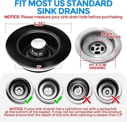 zaa 3 in 1 Kitchen Sink Drain Strainer Stopper Removable Basket Pop-Up | Kitchen Sink Accessories 1 Pack All Black Stainless - Food Catcher, Odor-Blocking Seal, Fits 3.5" Drain