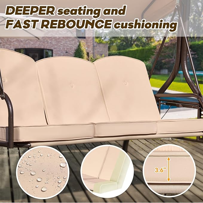 3 in 1 Outdoor Porch Swing with Adjustable Canopy, 3 Seat Outdoor Swing for Adults, Patio Swing Chair with Thickened Cushions,Pillows & Cup Holders for Backyard, Porch, Garden (Khaki)
