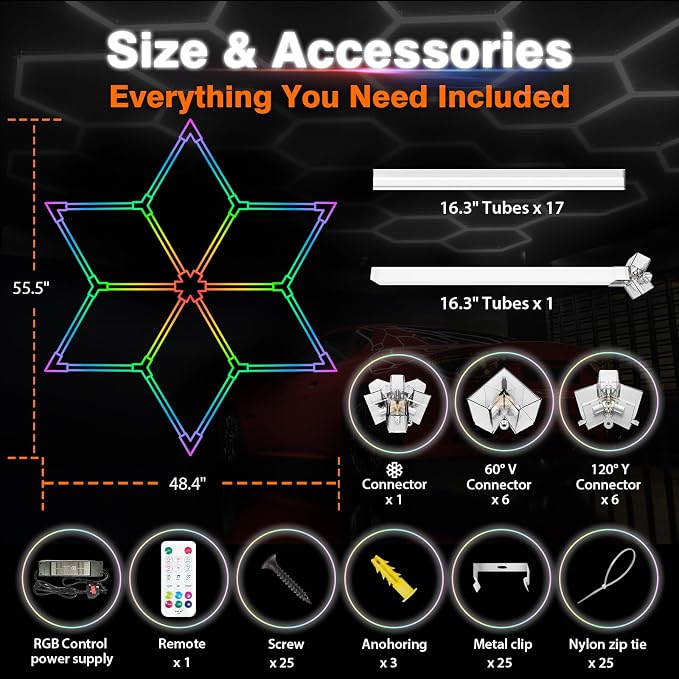 RGB Hexagon Garage Lights, Snowflake Hexagon Led Lights with Music Sync Mode, App & Remote Control RGB Ceiling Lights for Party, Gym, Studio, Gaming Room